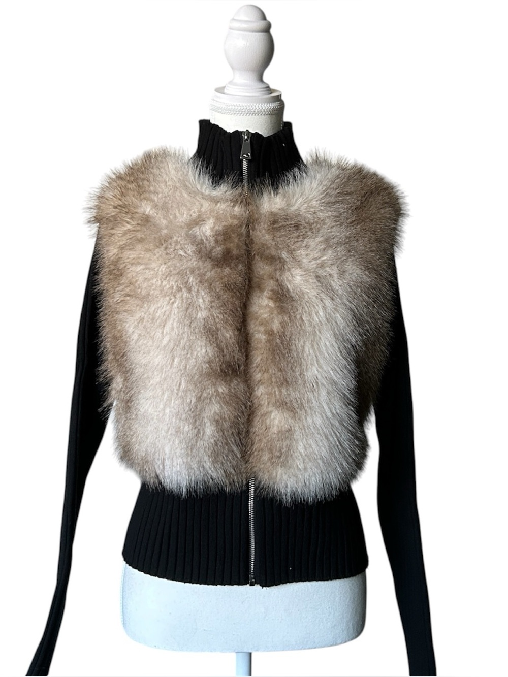 Y2K “MS” Black and Brown Faux Fur Knit Zip-up Sweater/Jacket